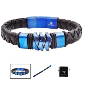 Men’s Genuine Black Leather Blue Stainless Steel Bracelet BLACKJACK